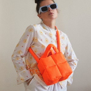 MINI PILLOW PUFFER essential bag in neon orange , tote bag , neon mandarin bag image 8