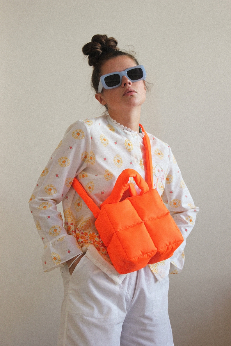 MINI PILLOW PUFFER essential bag in neon orange , tote bag , neon mandarin bag image 8