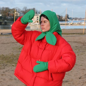 Pode incluir: Uma pessoa vestindo uma jaqueta puffer vermelha com uma echarpe com capuz verde e luvas verdes combinando. A pessoa está em pé em uma praia de areia.