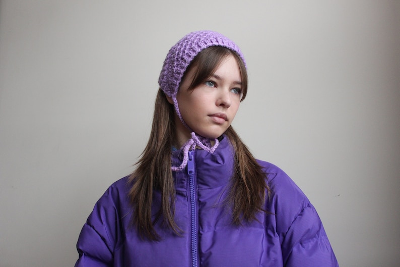 Hand knitted Demi Season Adult Bow Tie Mesh Bonnet Headband in Lilac, tie headband, headband image 2