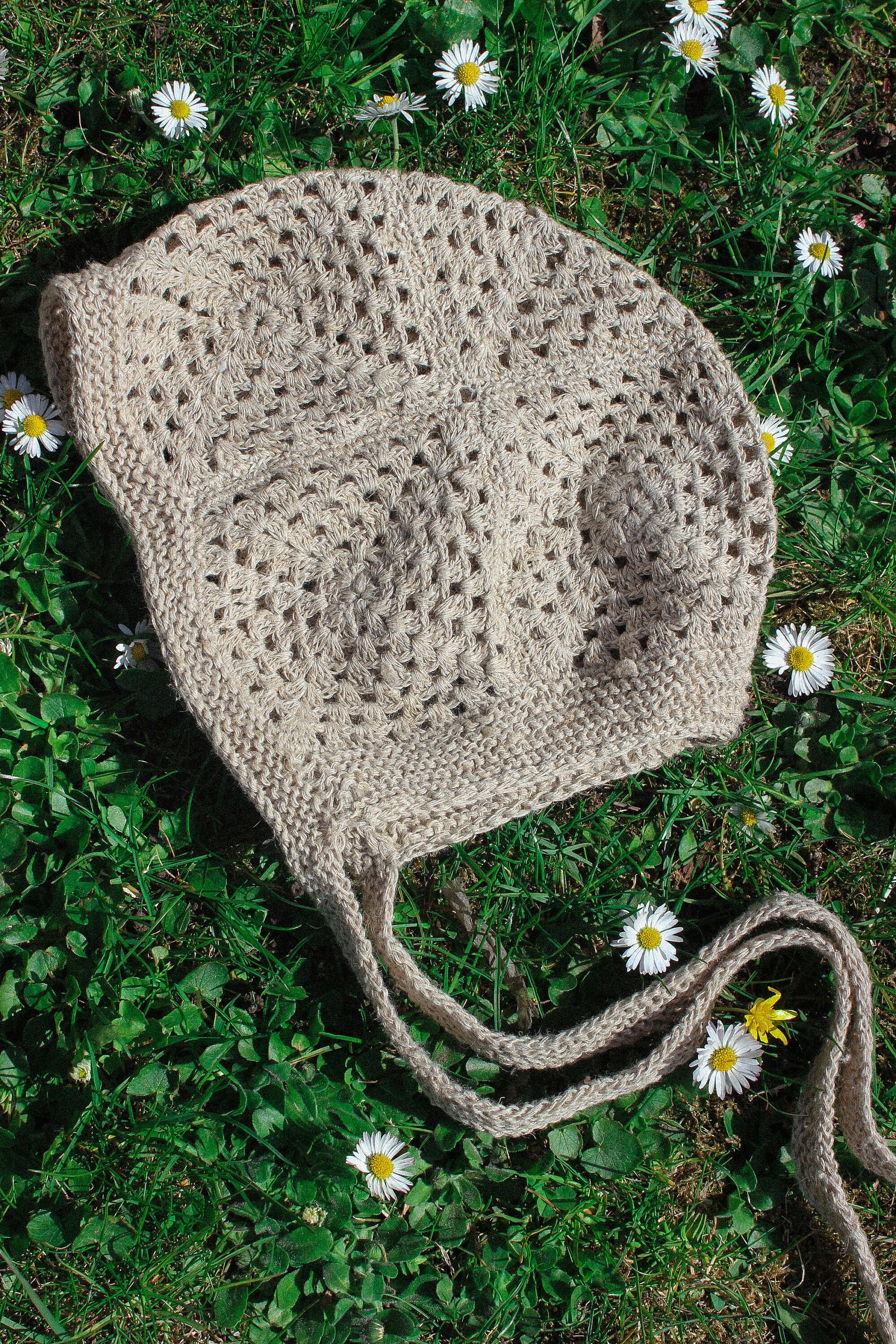 Patchwork Granny Square Adult Crochet Bow Tie Bonnet in Beige ...