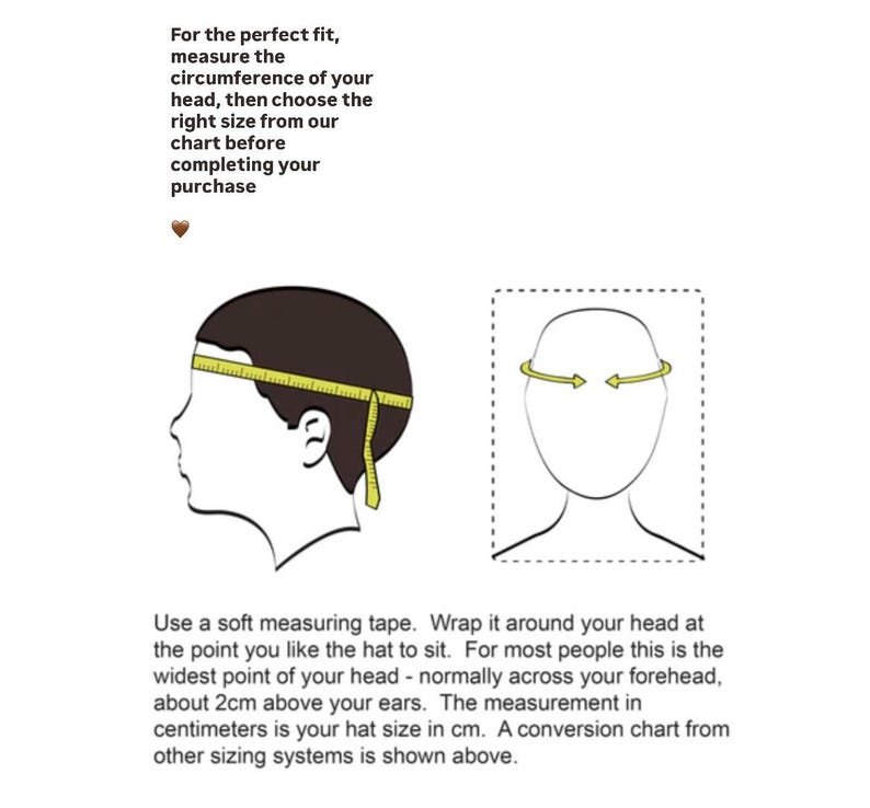 May include: Diagram illustrating how to measure head circumference for hat sizing. A yellow measuring tape is wrapped around a head, with text explaining the process. The text reads: "For the perfect fit, measure the circumference of your head..."