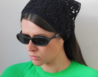 Floral Crochet Headscarf in Black,kerchief knitted,summer headscarf