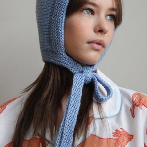 Hand-knitted Adult Bow Tie Bonnet hat in Light Blue image 3