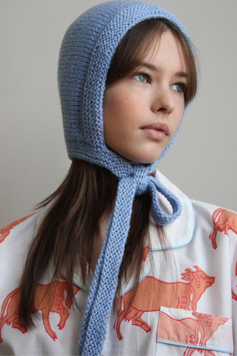 Hand-knitted Adult Bow Tie Bonnet hat in Light Blue image 3