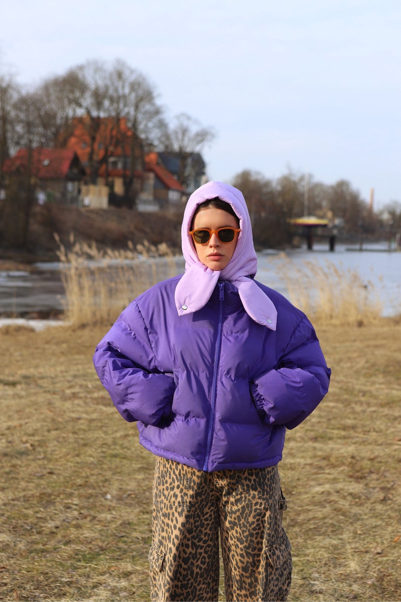 PILLOW HEADSCARF Balaclava in Lilac ,scarf quilted shawl bandana shawl puffer, fashion shawl 2022,babyshka style Quilted Headscarf image 3