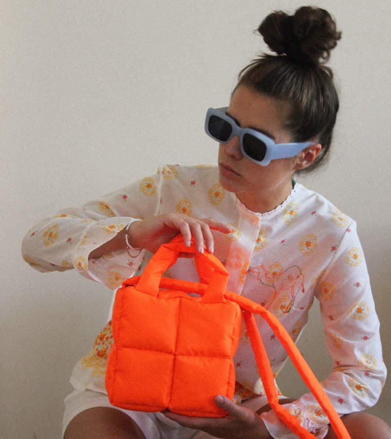 MINI PILLOW PUFFER essential bag in neon orange , tote bag , neon mandarin bag image 6