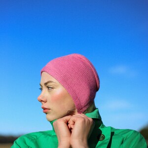 Hand-knitted Adult Bow Tie Bonnet hat in pink image 7