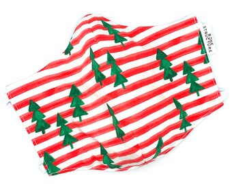 Graphic Stripe Christmas Tree Cotton Face Mask • Holiday Festive Yule Winter • Red Green • Nose Wire • Adjustable Straps