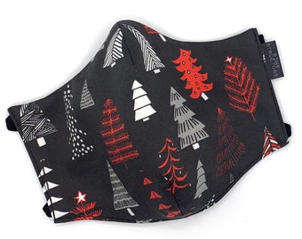 Modern Christmas Trees Cotton Face Mask • Red Black & White • Holiday Festive Xmas Goth • Nose Wire • Adjustable Straps
