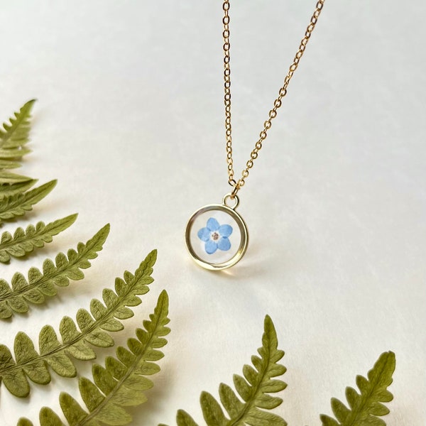 Pressed Forget Me Not Necklace | 16 Karat Gold Pressed Flower Necklace | Preserved Botanical Jewelry