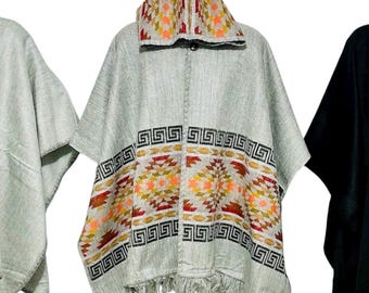 Traditional Alpaca Poncho, Handmade black poncho, unisex poncho,  gray poncho, boho poncho, Hooded poncho, native apparel, gaban, shawl.