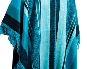Turquoise Poncho, Handmade hooded poncho, Alpaca poncho, baby alpaca Lightweight Cape, Tribal Design Poncho, Unisex Poncho, Alpaca Shawl