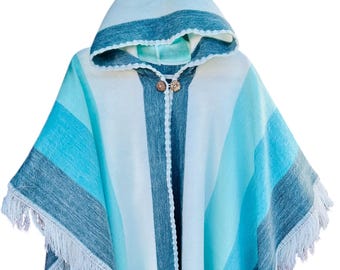 Aqua Hooded Poncho, Handmade Wool Wrap, soft blue poncho, baby alpaca Lightweight Cape, Turquoise cape, Unisex Alpaca Shawl, warm Wool Cape.