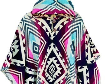 Handmade alpaca poncho, Pink Blue Beige reversible, geometric design, stylish cape, tribal design, unisex hooded, Native American apparel