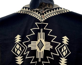 Black alpaca poncho, warm reversible cape, geometric design, stylish cape, boho poncho, unisex Hooded ,Handmade Native American apparel