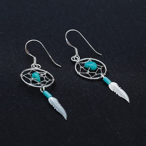 Dreamcatcher earrigns. Solid silver dreamcatcher earrings. Turquoise silver earrings. Dangle 925 silver earrings. Sterling silver jewelry.