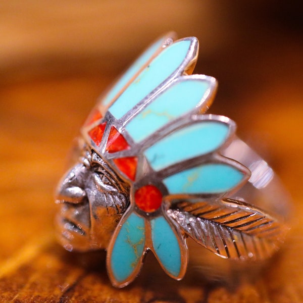 Chief head silver ring, turquoise ring, unisex ring, indian silver ring, boho silver ring, turquoise jewelry, silver jewelry, headdress ring