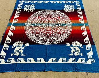 Aztec Calendar Blanket, Beautiful, Colorful, Tribal design, Reversible queen size blanket, Very warm and soft, Handcrafted by Native hands
