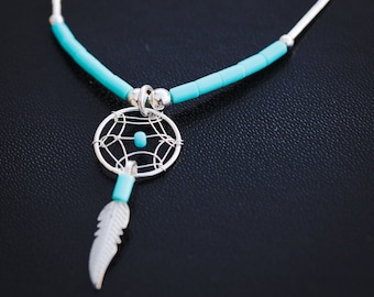 Collana Acchiappasogni In Argento Sterling 925 Con Piuma E Ciondolo Turchese - YFN, 33x13mm - 2