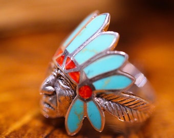 Chief head silver ring, turquoise ring, unisex ring, indian ring, boho silver ring, turquoise jewelry, silver jewelry, headdress ring. Gift