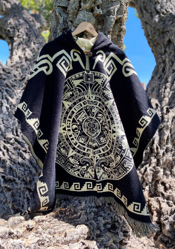 Aztec Calendar Poncho Handmade Alpaca Poncho Reversilble Poncho Unisex Poncho Boho Hooded Poncho Native American Poncho Ruana Gaban Etsy Finland