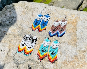 Wolf Beaded earrings, handmade earrings, beads fringe earrings, native earrings, native bead work, beaded jewelry, more styles available