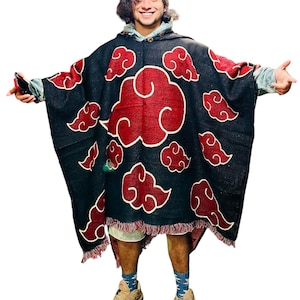 Red Clouds Poncho, Alpaca poncho, Anime Poncho, Warn Unisex poncho. Black hooded poncho. Japan anime poncho. Black and red poncho. Gift