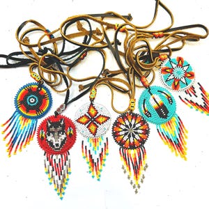 Beaded medallion necklace, Handmade Beaded necklace, multi color bead work, adjustable leather necklace, unisex beaded necklace, native arts