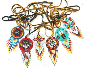 Beaded medallion necklace, Handmade Beaded necklace, multi color bead work, adjustable leather necklace, unisex beaded necklace, native arts