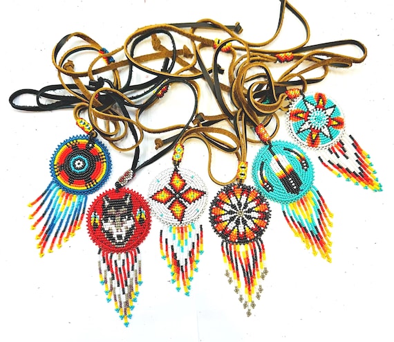 Beaded medallion necklace, Handmade Beaded necklace, multi color bead work, adjustable leather necklace, unisex beaded necklace, native arts