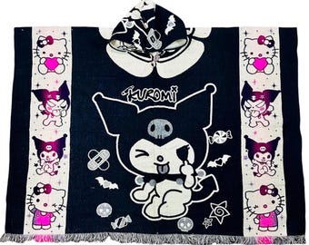 Cute Kuromi poncho, anime hooded poncho, Black and pink cape, very warm and soft, alpaca wool poncho, Japanese anime poncho, cute poncho.