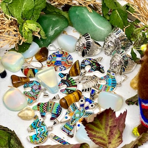 Puede incluir: Una colección de colgantes y anillos de inspiración nativa americana con diseños de incrustaciones coloridas. Las piezas están hechas de plata y presentan varios motivos animales y geométricos. Las joyas se muestran sobre una superficie blanca con hojas verdes y piedras.