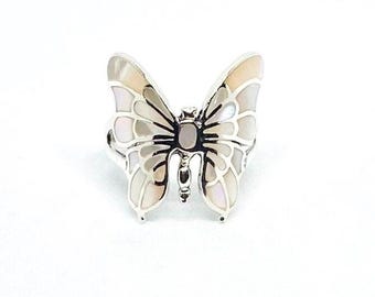 Mother of pearl butterfly ring, silver butterfly ring, butterfly ring, Statement silver ring, Silver jewelry, pearl jewelry, native jewelry.
