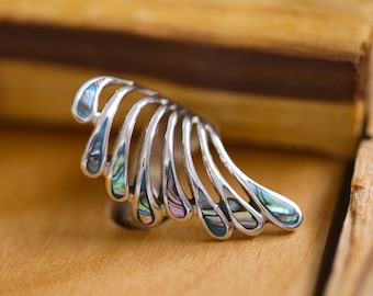 Beautiful abalone silver ring. Abalone Feather ring. 925 Sterling silver ring. Boho abalone jewelry. Solid silver rainbow abalone ring.