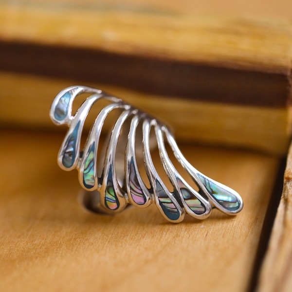 Beautiful abalone silver ring. Abalone Feather ring. 925 Sterling silver ring. Boho abalone jewelry. Solid silver rainbow abalone ring.