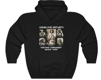 Unisex Hoodie, homeland security pullover, native sweatshirt, Kangaroo pockets, 100% cotton hoodie, hand made silk screen indian hoody