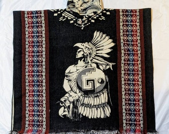 Aztec Warrior Poncho, Handmade  one of a kind alpaca poncho, black poncho, stylish poncho, cape, boho poncho, Hooded poncho, native poncho.