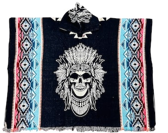 Chief Head Poncho, Black Skull Poncho, One of a kind handmade alpaca poncho, reversible poncho, Headdress poncho, stylish tribal cape, Gift.