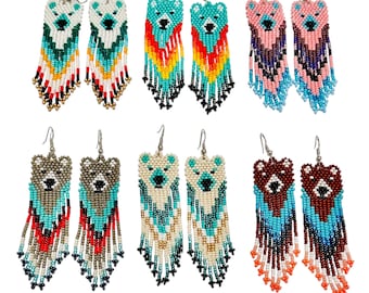 Bear Beaded earrings, handmade earrings, beads fringe earrings, native earrings, native bead work, beaded jewelry, more styles available