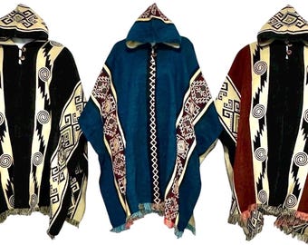 Traditional Alpaca Poncho, Handmade native poncho, colorful reversible poncho, geometric design poncho, unisex Hooded poncho, boho gaban.