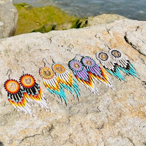 Sunflower Beaded earrings, handmade earrings,fringe earrings, native earrings, native bead work, beaded jewelry, more styles available