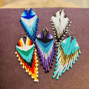 Beaded earrings, handmade colorful earrings, beads fringe earrings, native earrings, native bead work, beaded jewelry, more styles available