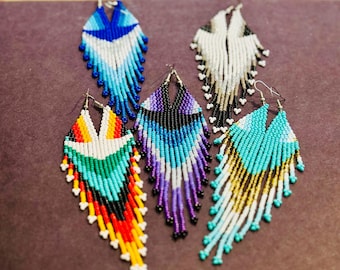 Beaded earrings, handmade colorful earrings, beads fringe earrings, native earrings, native bead work, beaded jewelry, more styles available