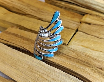 Turquoise ring met pauwenveer. Mooie sterlingzilveren ring, 9,25 zilveren ring. Ring in bohostijl, massief zilver, inheemse turquoise sieraden.