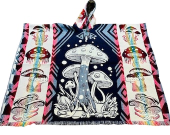 Mushroom poncho, colorful reversible poncho, Psychedelic design poncho, unisex stylish cape, boho hooded poncho, Handcrafted Alpaca poncho.