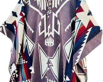 Brown alpaca poncho, Brown Beige reversible, geometric design, stylish cape, boho poncho, unisex Hooded ,Handmade Native American apparel