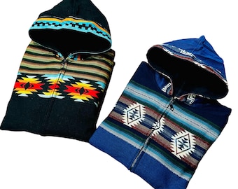 Native zip up Jacket, Alpaca wolf sweater, wool hoodie, tribal zip up jacket, native geometric pattern jacket, handcrafted by native hands.