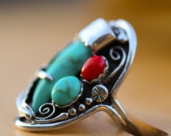 Vintage silver ring, Native turquoise ring, solid sterling silver and turquoise ring, Feather ring, unisex boho ring, native jewelry