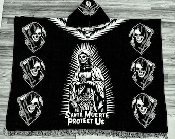 Santa Muerte poncho, Durable handmade alpaca poncho, reversible poncho, unisex poncho, boho hooded poncho, ruana, gaban. Black hooded poncho